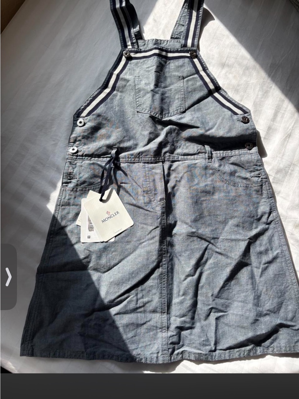 Moncler Navy Denim-Effect Pinafore Dress with Striped Straps